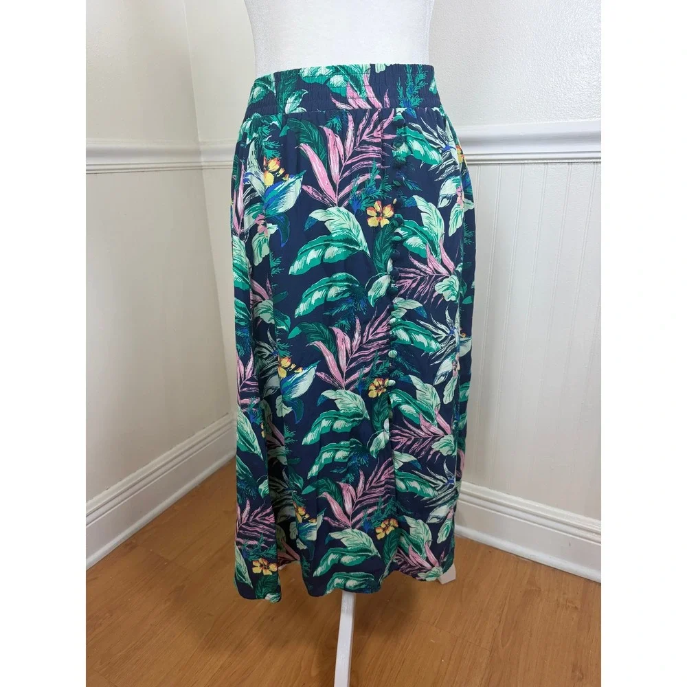 LOFT Tropical Floral Maxi Skirt Womens XSP Navy Blue Button Side Slit Petite